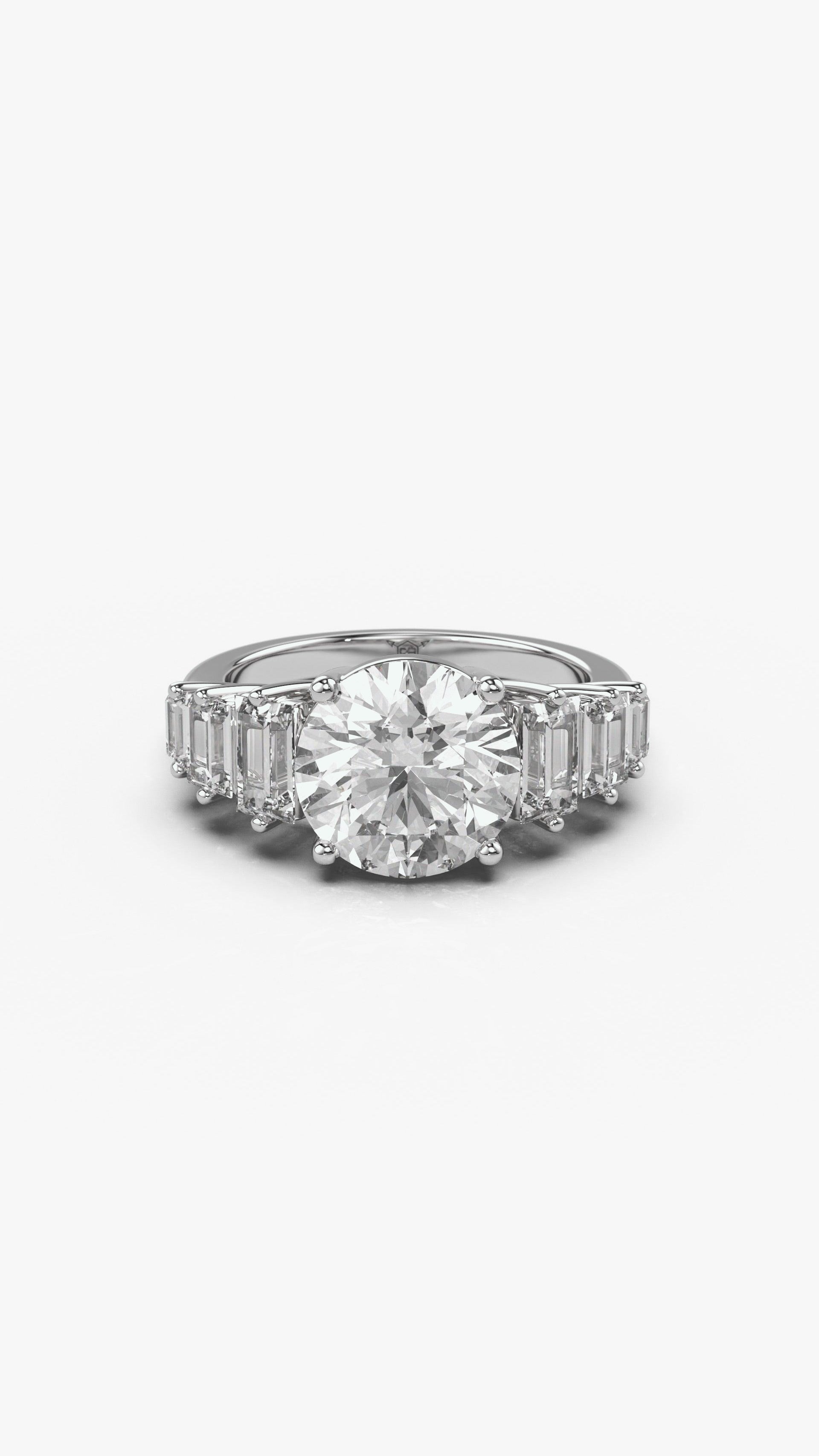 The Maya Three Stone Diamond Engagement Ring With Baguette Side ...